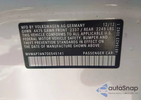 2013 Volkswagen Cc 2.0T Sport z USA, uszkodzony, nr VIN WVWAP7AN7DE545141